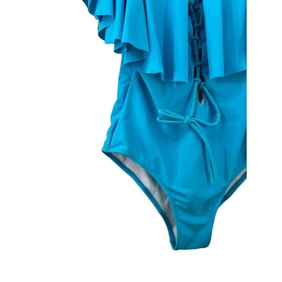 NEW Tempt Me Bathing Suit One Piece Turquoise Blue Ruffle Front Women's Size S - Picture 9 of 10